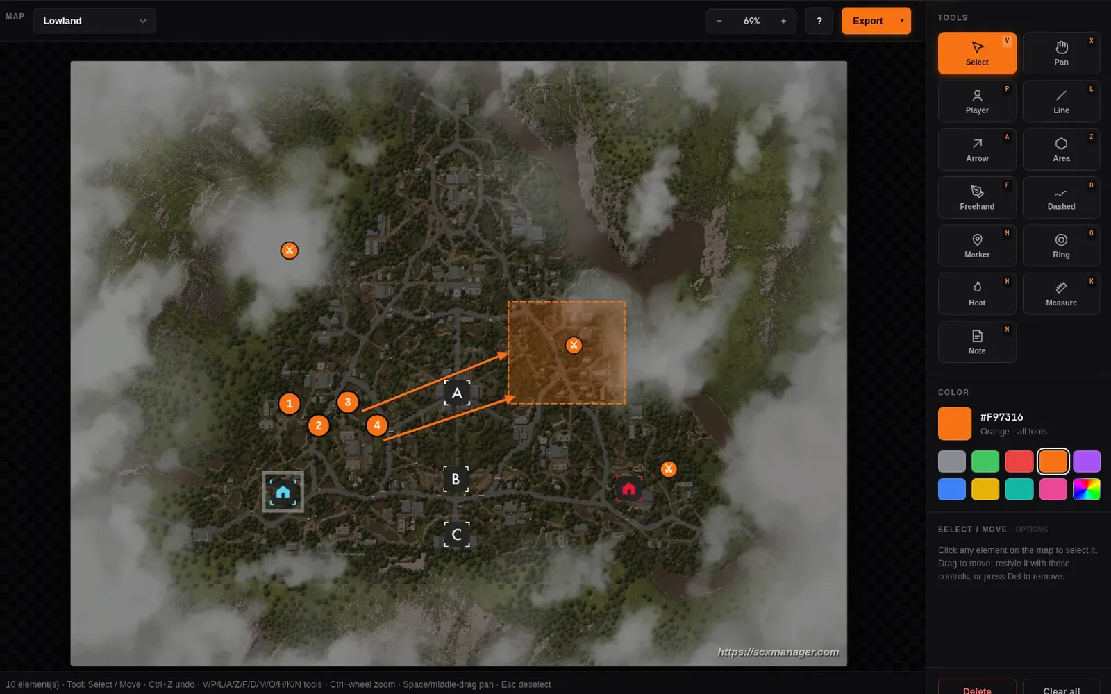 The Battle Planner on a Stalzone map: lettered objectives, an attack marker, a movement arrow and a highlighted building.