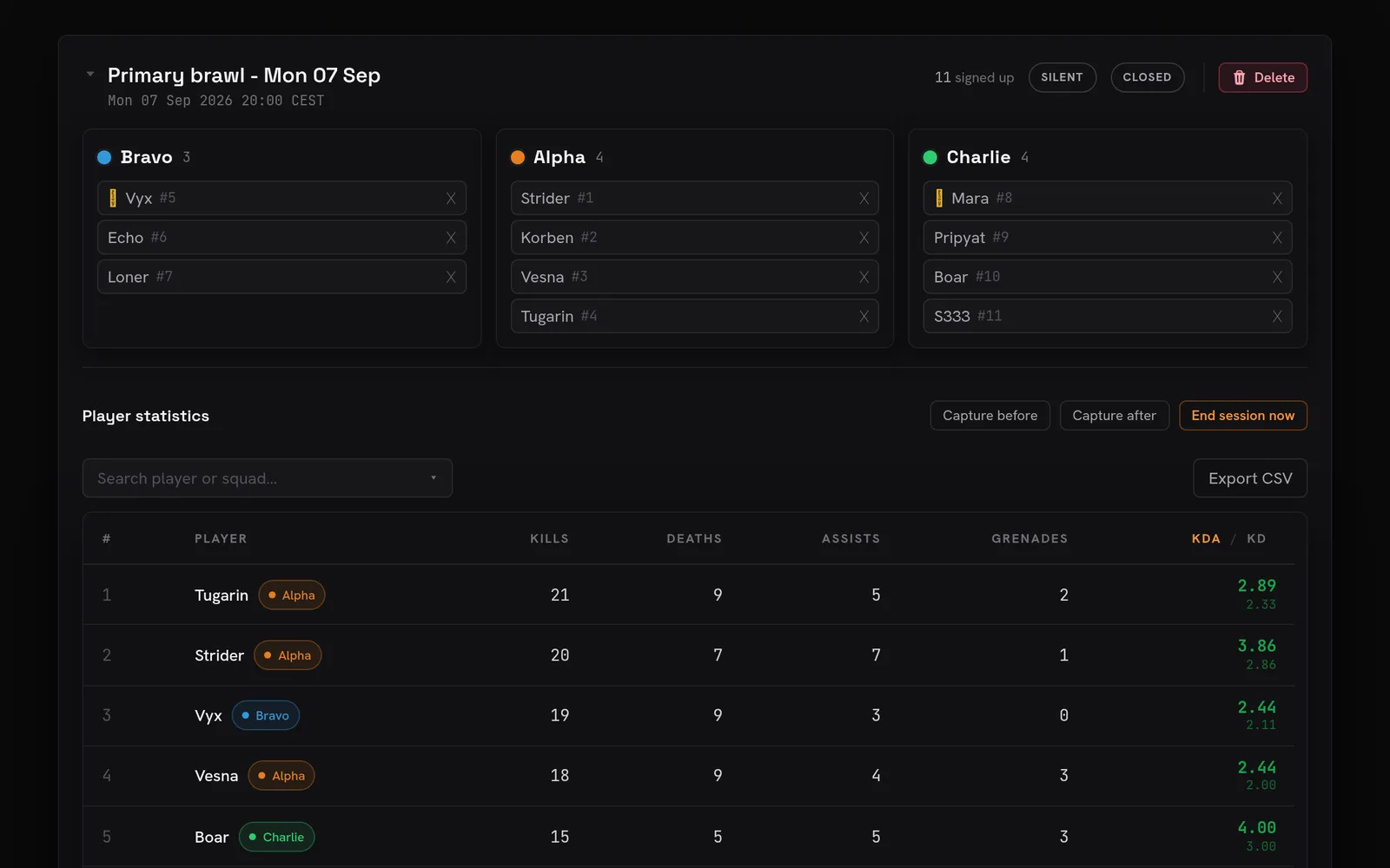 A past session in the web app: its squads with the players registered in each, and the player statistics for that session.